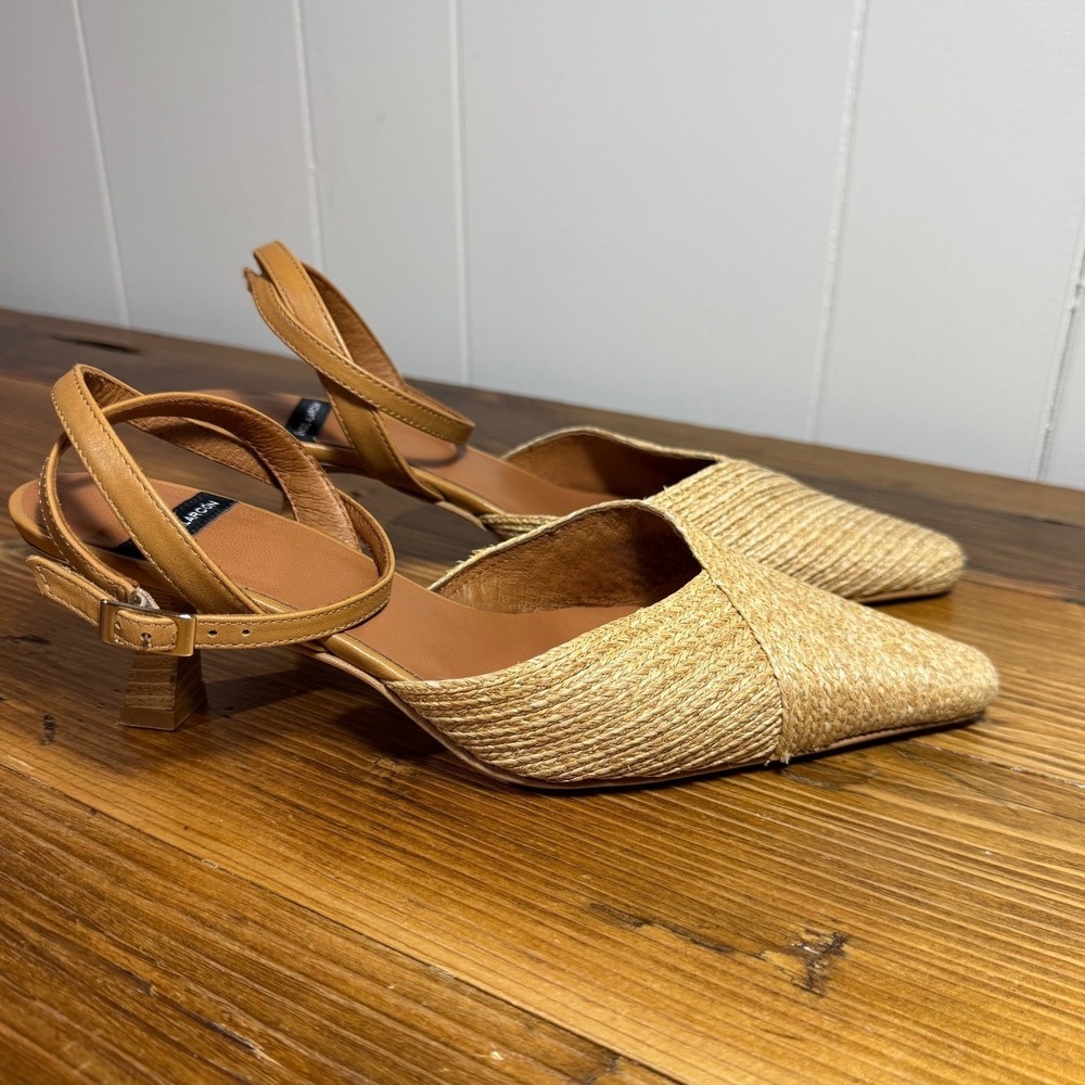 ANGEL ALARCON Helen Raffia Woven Slingback Heels Tan Leather Ankle Strap Size 39 - Picture 5 of 16